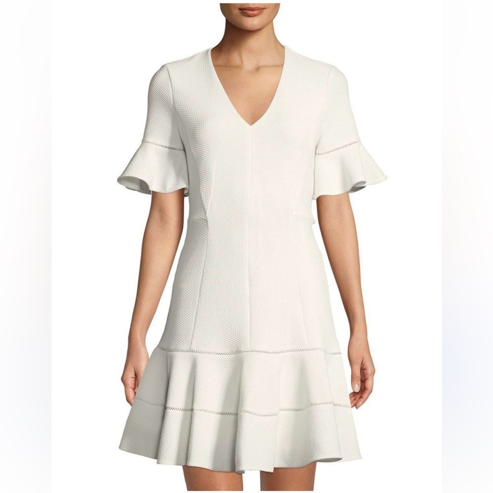 Rebecca Taylor White V-Neck Flounce Mini Dress Size 4 Fit & Flare Stretch Knit